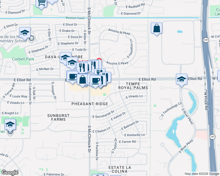 map of restaurants, bars, coffee shops, grocery stores, and more near 1866 East Krista Way in Tempe