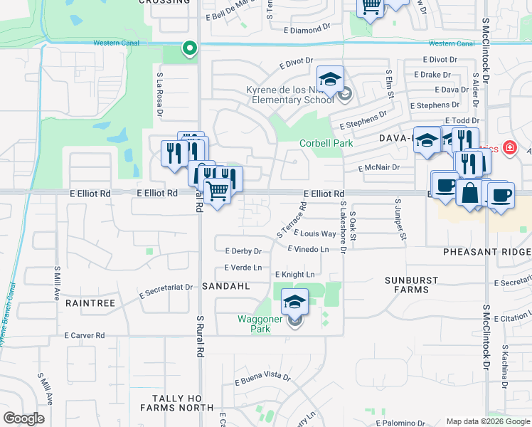 map of restaurants, bars, coffee shops, grocery stores, and more near 1114 East Louis Way in Tempe