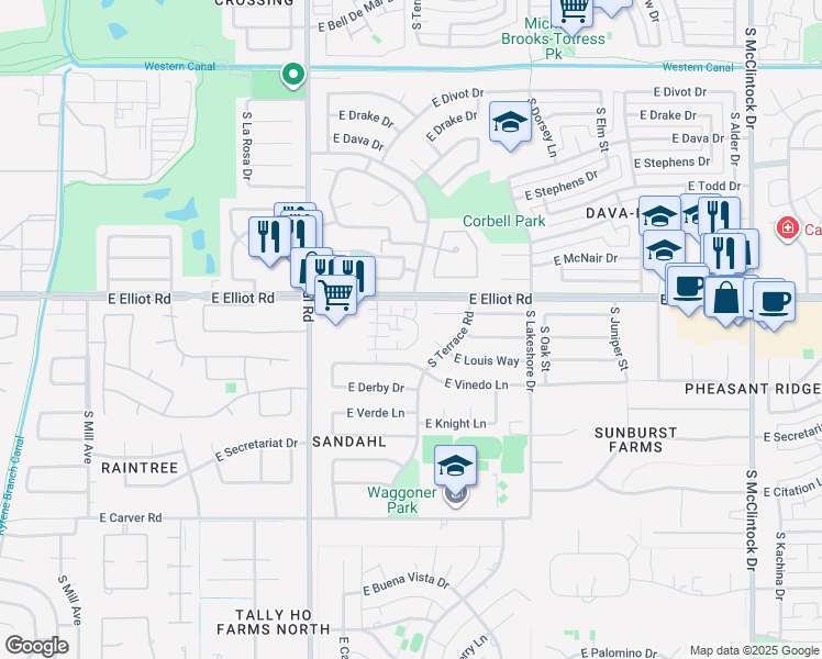 map of restaurants, bars, coffee shops, grocery stores, and more near 1114 East Louis Way in Tempe