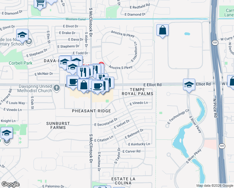 map of restaurants, bars, coffee shops, grocery stores, and more near 1866 East Krista Way in Tempe