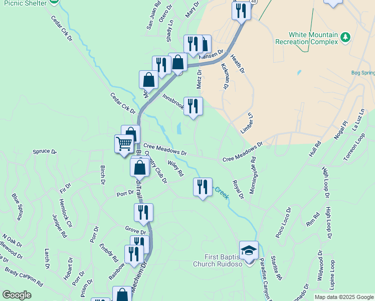 map of restaurants, bars, coffee shops, grocery stores, and more near 110 Metz Drive in Ruidoso