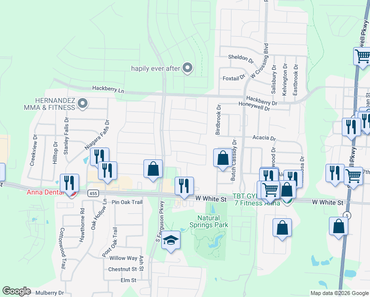 map of restaurants, bars, coffee shops, grocery stores, and more near 1326 Deerfield Drive in Anna