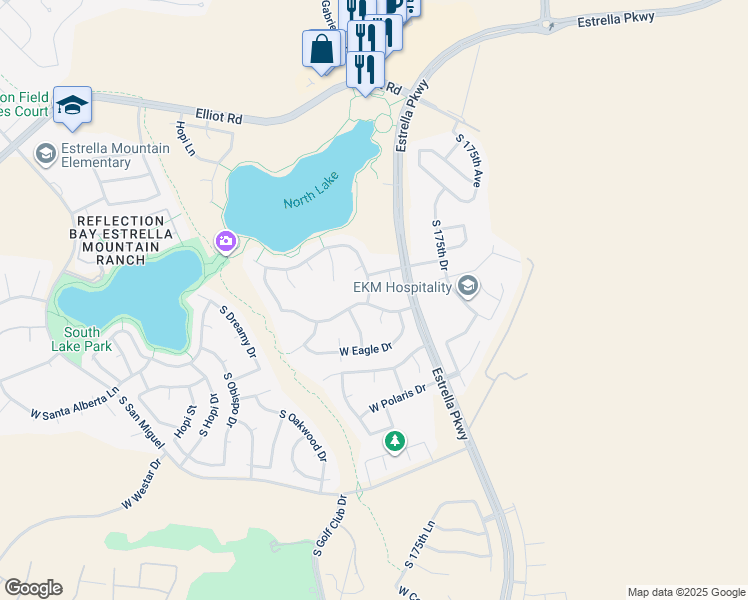 map of restaurants, bars, coffee shops, grocery stores, and more near 17662 Summit Drive in Goodyear