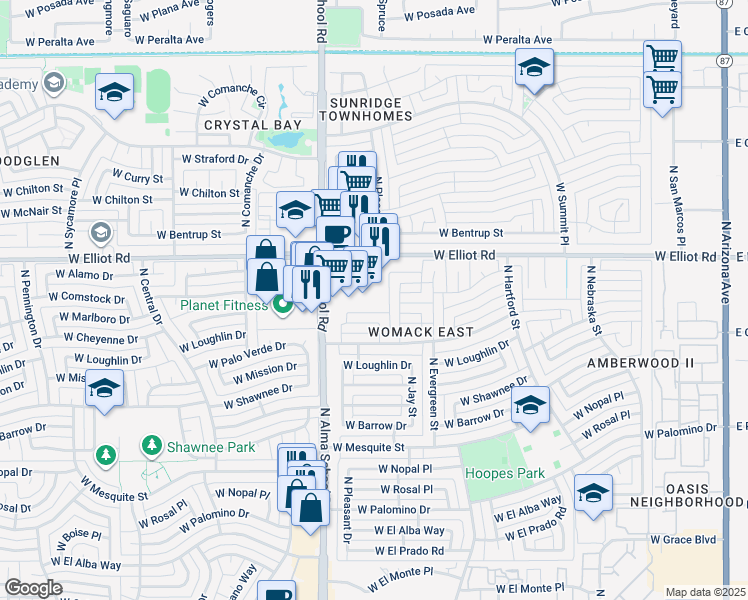 map of restaurants, bars, coffee shops, grocery stores, and more near 963 West Elliot Road in Chandler