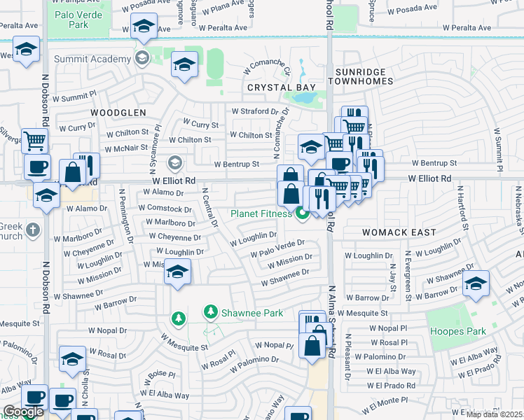 map of restaurants, bars, coffee shops, grocery stores, and more near 1213 West Marlboro Drive in Chandler