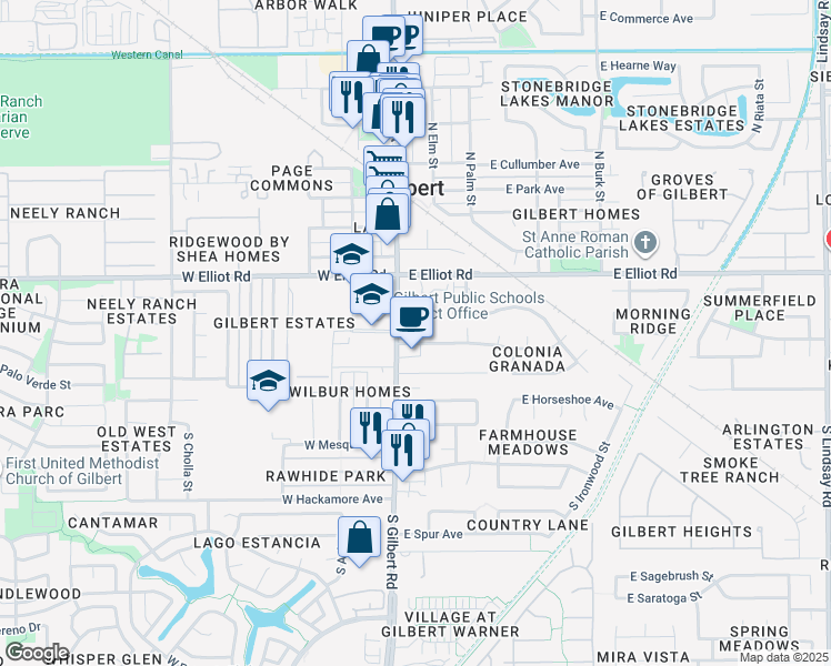 map of restaurants, bars, coffee shops, grocery stores, and more near 6 East Palo Verde Street in Gilbert