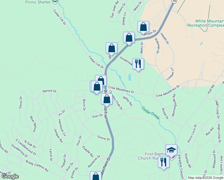 map of restaurants, bars, coffee shops, grocery stores, and more near 100 Cree Meadows Drive in Ruidoso
