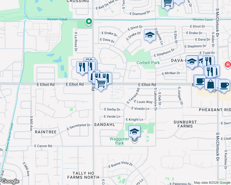 map of restaurants, bars, coffee shops, grocery stores, and more near 7741 South Bonarden Lane in Tempe