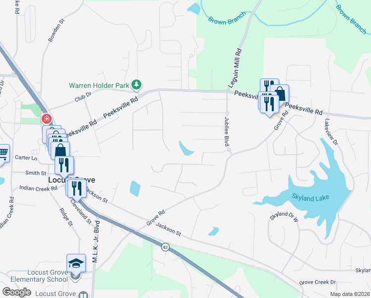 map of restaurants, bars, coffee shops, grocery stores, and more near 450 Louise Way in Locust Grove