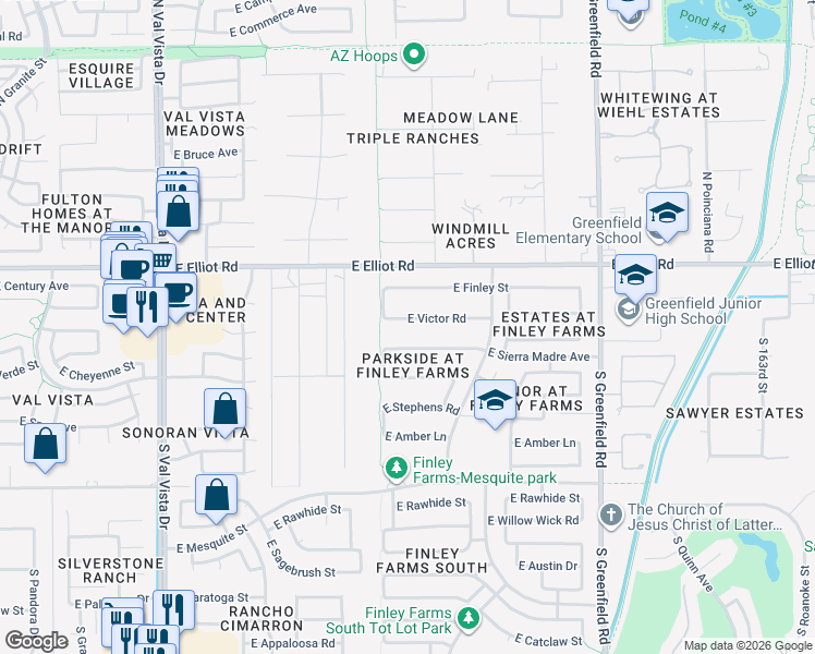 map of restaurants, bars, coffee shops, grocery stores, and more near 2073 East Victor Road in Gilbert