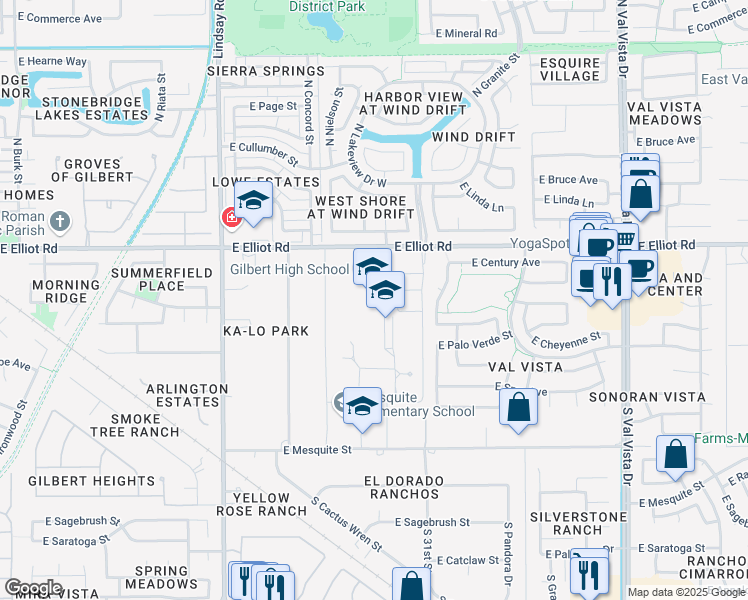 map of restaurants, bars, coffee shops, grocery stores, and more near South Lakeview Drive in Gilbert
