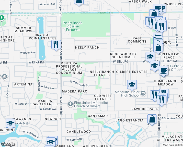 map of restaurants, bars, coffee shops, grocery stores, and more near 502 West Sierra Madre Avenue in Gilbert