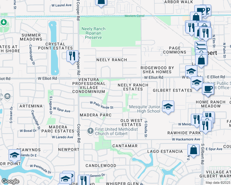 map of restaurants, bars, coffee shops, grocery stores, and more near 544 West Sierra Madre Avenue in Gilbert
