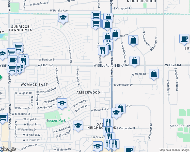 map of restaurants, bars, coffee shops, grocery stores, and more near 2940 North Oregon Street in Chandler