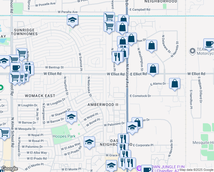 map of restaurants, bars, coffee shops, grocery stores, and more near 2940 North Oregon Street in Chandler