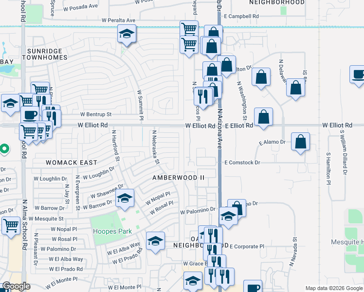 map of restaurants, bars, coffee shops, grocery stores, and more near 2940 North Oregon Street in Chandler