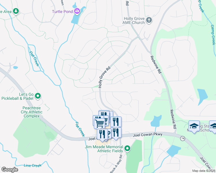 map of restaurants, bars, coffee shops, grocery stores, and more near 345 Summer Place in Peachtree City