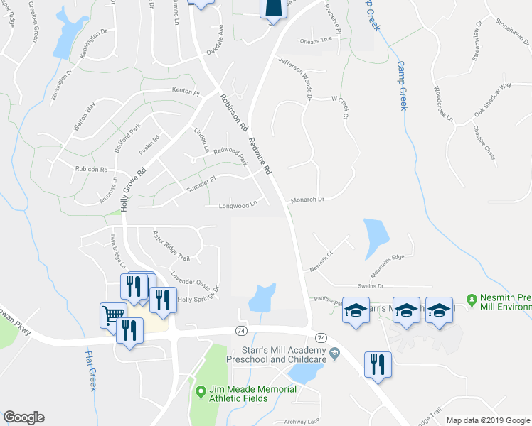 map of restaurants, bars, coffee shops, grocery stores, and more near 112 Kraftwood Park in Peachtree City