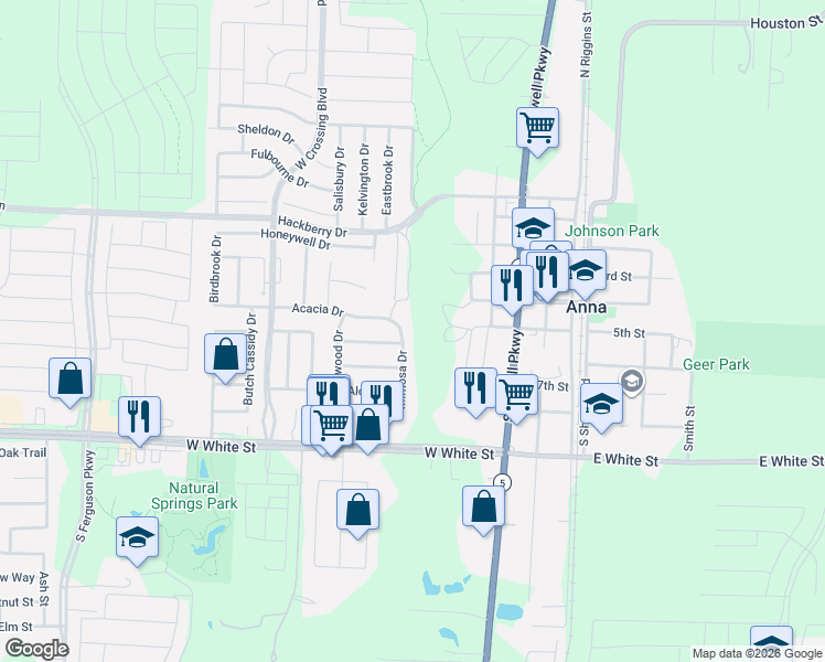 map of restaurants, bars, coffee shops, grocery stores, and more near 229 Mimosa Drive in Anna