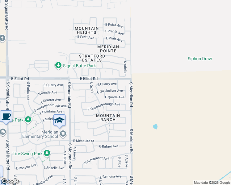 map of restaurants, bars, coffee shops, grocery stores, and more near 11444 East Quade Avenue in Mesa