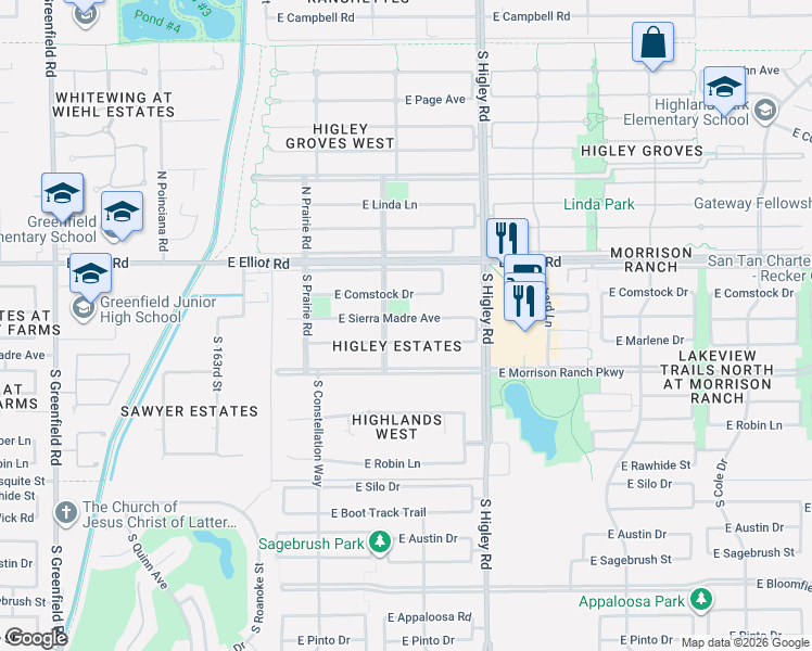 map of restaurants, bars, coffee shops, grocery stores, and more near 3056 East Marlene Drive in Gilbert