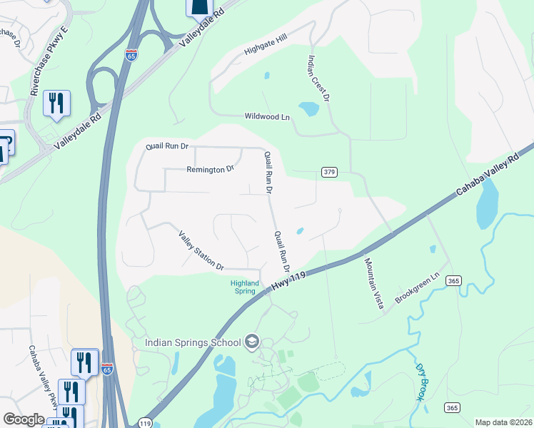 map of restaurants, bars, coffee shops, grocery stores, and more near 6510 Quail Run Drive in Pelham