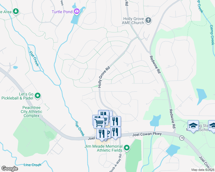 map of restaurants, bars, coffee shops, grocery stores, and more near 345 Summer Pl in Peachtree City