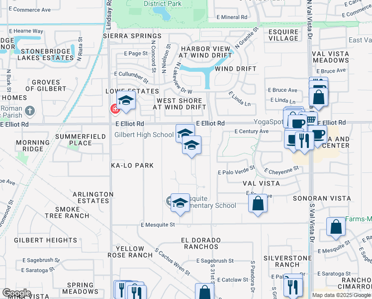 map of restaurants, bars, coffee shops, grocery stores, and more near 1101 East Elliot Road in Gilbert