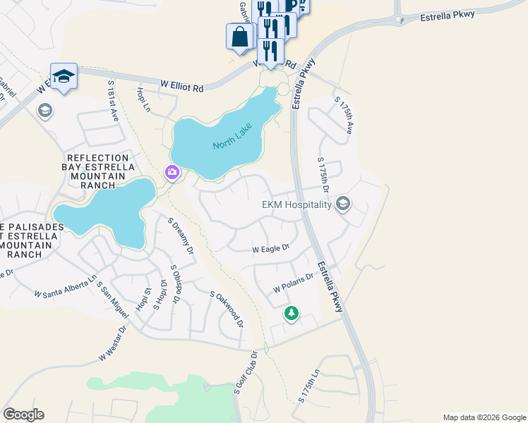 map of restaurants, bars, coffee shops, grocery stores, and more near 17662 Summit Drive in Goodyear