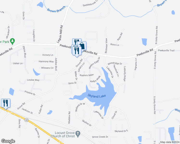 map of restaurants, bars, coffee shops, grocery stores, and more near 152 Waters Edge Drive in Locust Grove