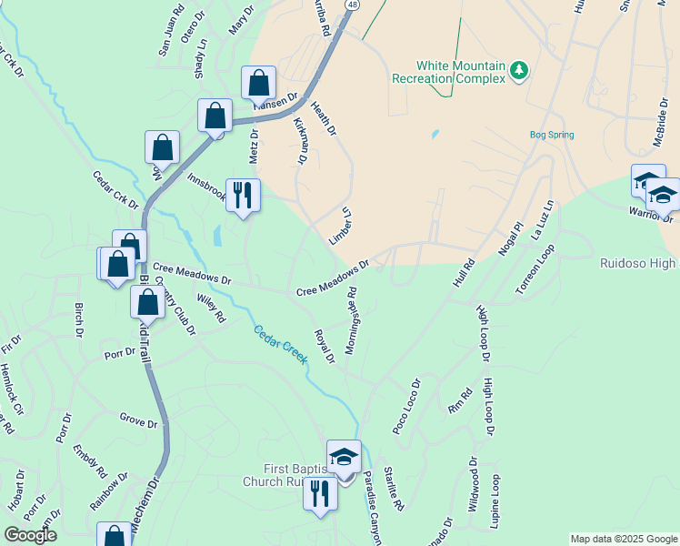 map of restaurants, bars, coffee shops, grocery stores, and more near 301 Cree Meadows Drive in Ruidoso