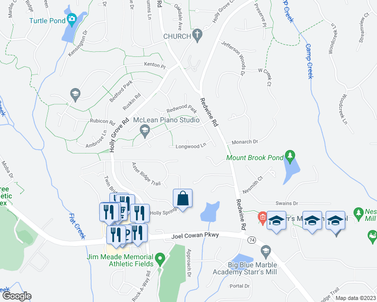 map of restaurants, bars, coffee shops, grocery stores, and more near 513 Longwood Lane in Peachtree City