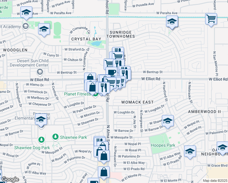 map of restaurants, bars, coffee shops, grocery stores, and more near 981 West Elliot Road in Chandler