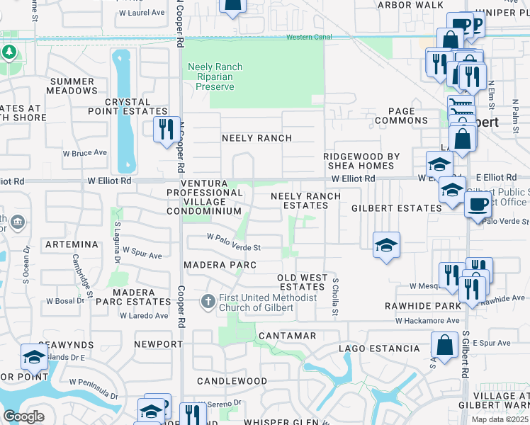 map of restaurants, bars, coffee shops, grocery stores, and more near 544 West Sierra Madre Avenue in Gilbert