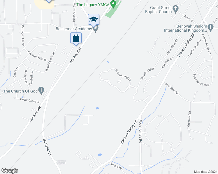map of restaurants, bars, coffee shops, grocery stores, and more near 4640 Rosser Loop Drive in Bessemer