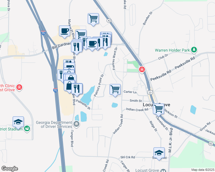 map of restaurants, bars, coffee shops, grocery stores, and more near 1036 Allegiance Drive in Locust Grove