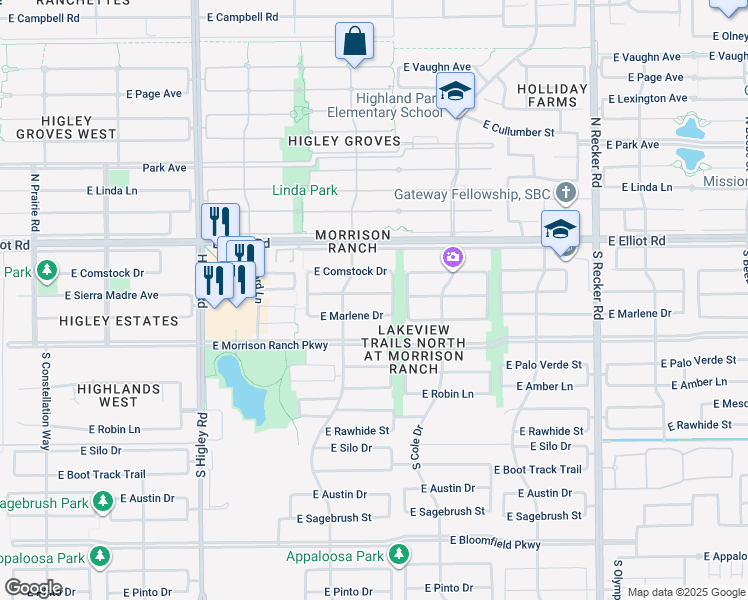 map of restaurants, bars, coffee shops, grocery stores, and more near 3548 East Marlene Drive in Gilbert