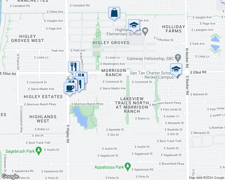 map of restaurants, bars, coffee shops, grocery stores, and more near 3497 East Sierra Madre Avenue in Gilbert