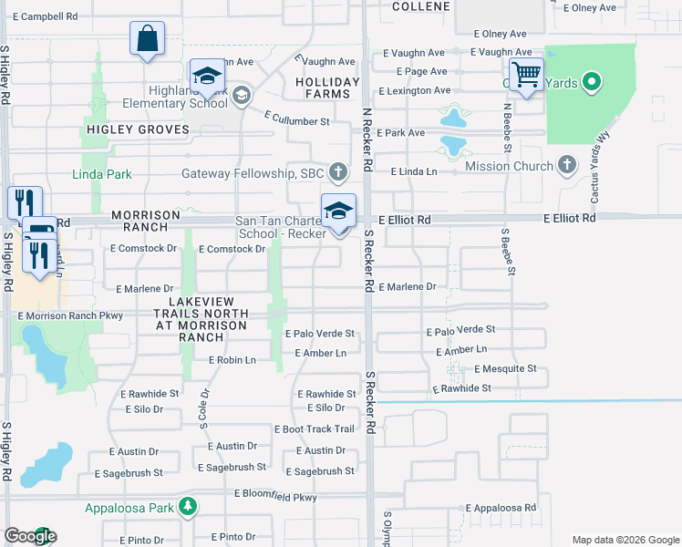 map of restaurants, bars, coffee shops, grocery stores, and more near 3966 East Marlene Drive in Gilbert
