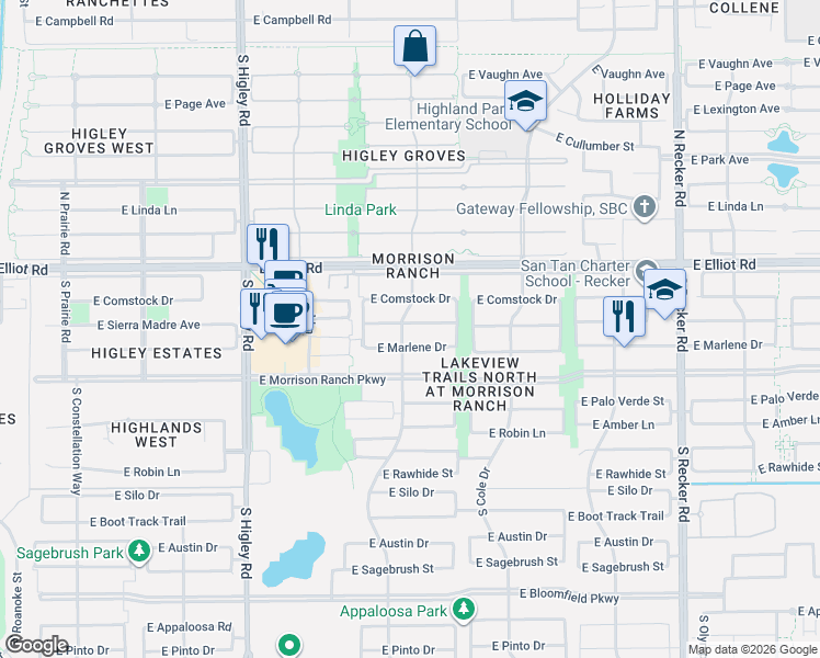 map of restaurants, bars, coffee shops, grocery stores, and more near 3476 East Marlene Drive in Gilbert