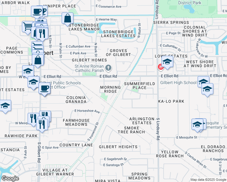 map of restaurants, bars, coffee shops, grocery stores, and more near 437 East Silver Creek Road in Gilbert