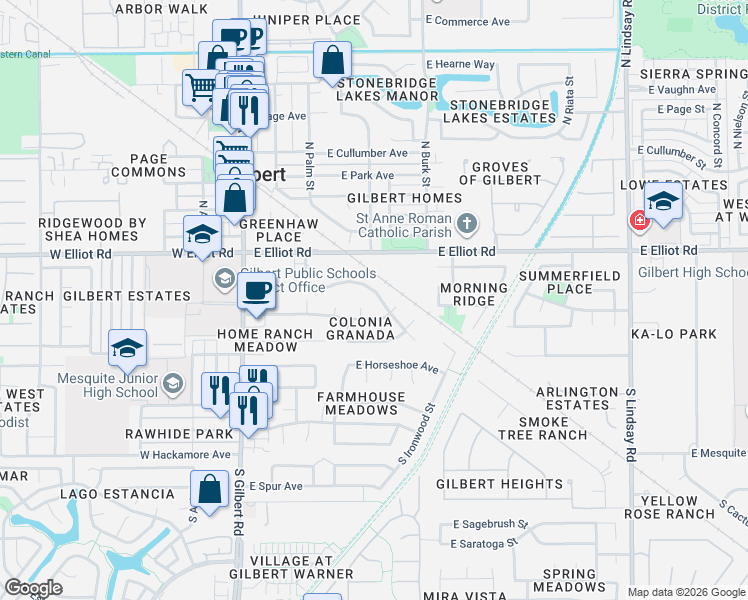 map of restaurants, bars, coffee shops, grocery stores, and more near 230 South Palo Verde Street in Gilbert