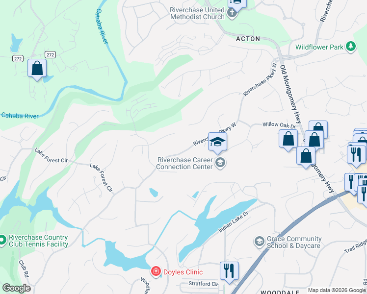 map of restaurants, bars, coffee shops, grocery stores, and more near 2102 Arbor Hill Parkway in Hoover