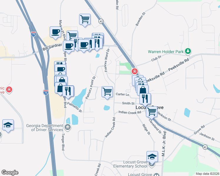 map of restaurants, bars, coffee shops, grocery stores, and more near 922 Justice Drive in Locust Grove