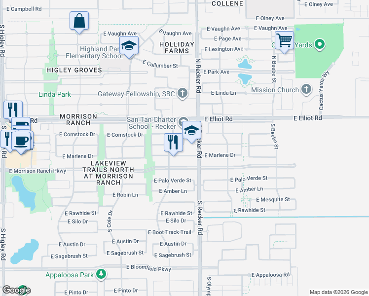 map of restaurants, bars, coffee shops, grocery stores, and more near 3966 East Marlene Drive in Gilbert