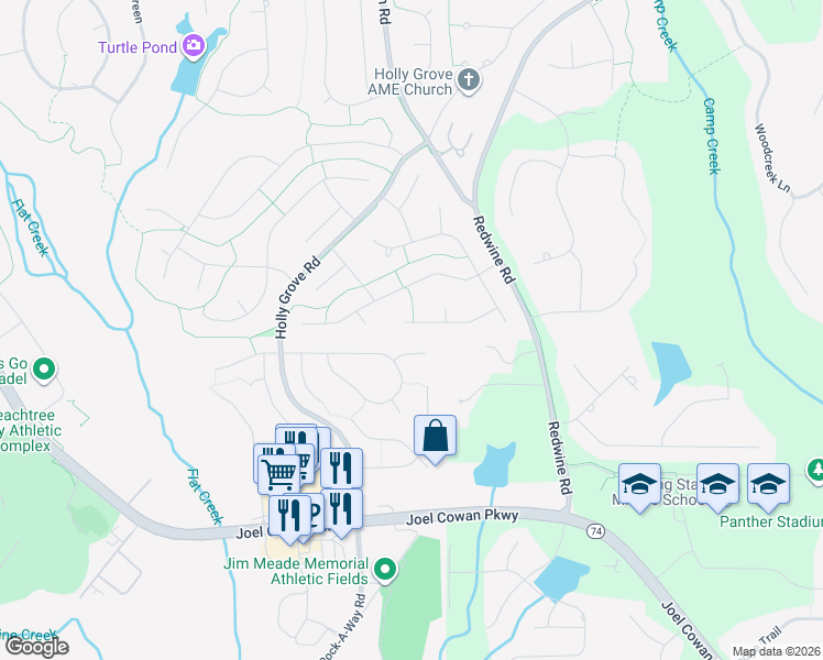 map of restaurants, bars, coffee shops, grocery stores, and more near 523 Longwood Lane in Peachtree City