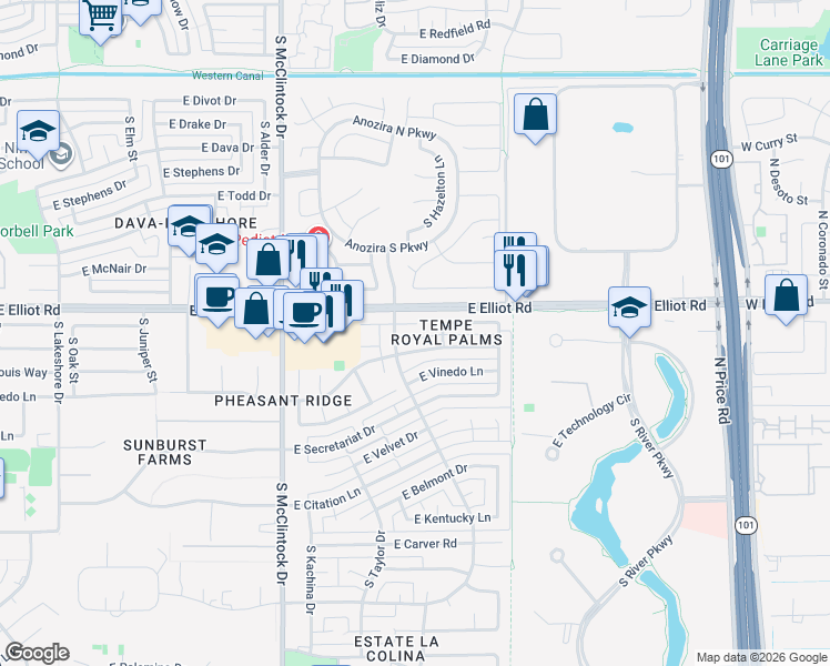 map of restaurants, bars, coffee shops, grocery stores, and more near 1922 East Krista Way in Tempe