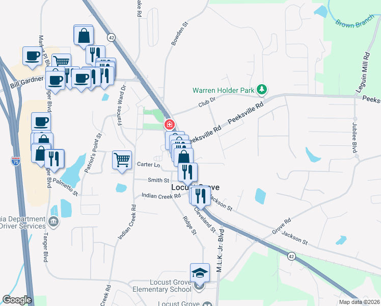 map of restaurants, bars, coffee shops, grocery stores, and more near 661 Jackson Street in Locust Grove