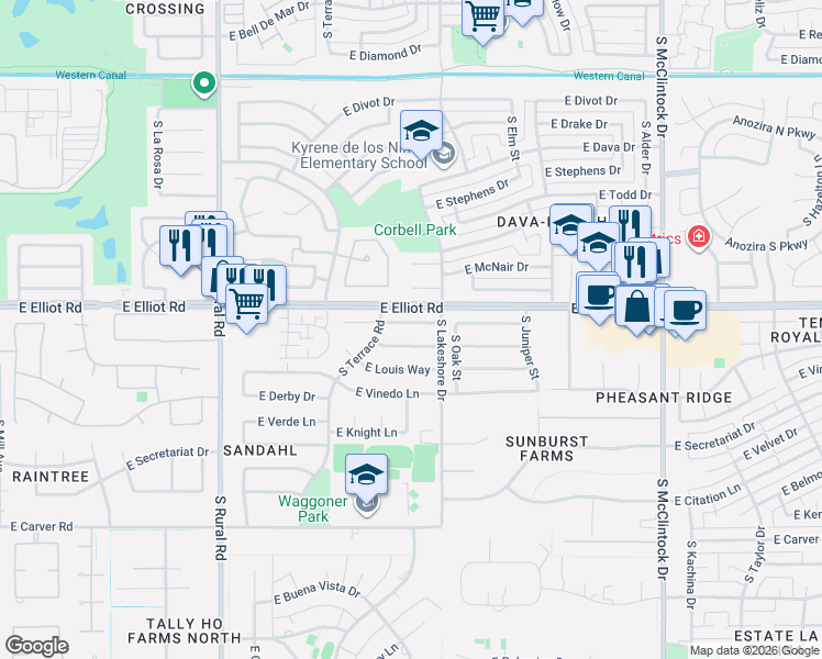 map of restaurants, bars, coffee shops, grocery stores, and more near 1232 East Krista Way in Tempe