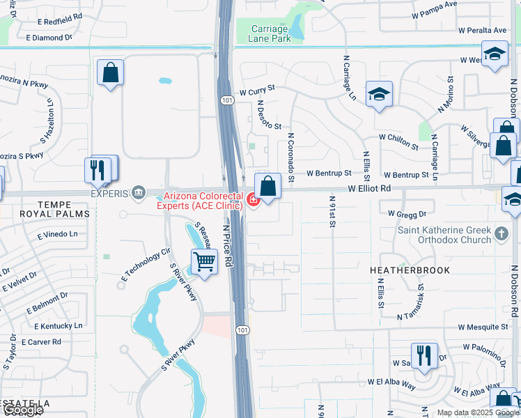 map of restaurants, bars, coffee shops, grocery stores, and more near 2978 West Comstock Drive in Chandler